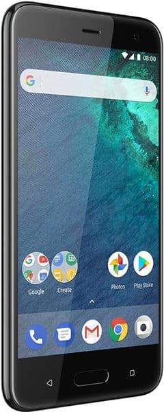HTC U11 Life front view, black smartphone displaying home screen with Google search bar and app icons