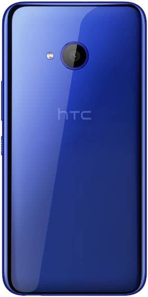 HTC U11 Life rear view, blue smartphone with camera lens and HTC logo visible