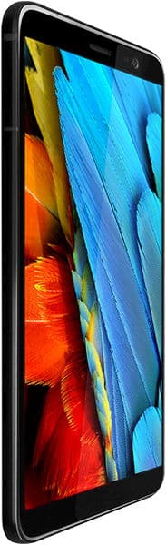 HTC U11+ front angled view showing vivid feather-patterned display and slim black frame.