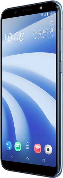 HTC U12 Life front view showing blue wallpaper, time 10:08, and app icons on home screen