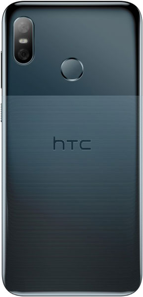 HTC U12 Life rear view, dark blue phone with dual cameras, fingerprint sensor, and textured lower panel
