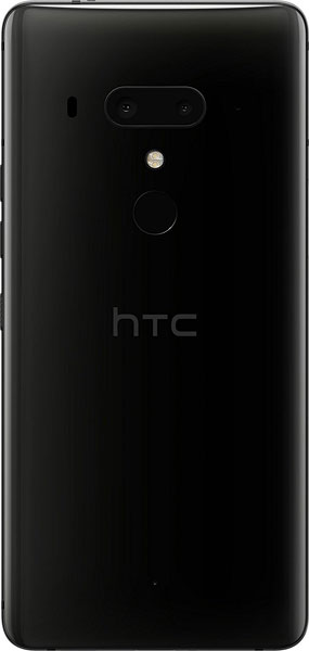 HTC U12+ rear view showing dual camera, fingerprint sensor, and HTC logo on black back panel