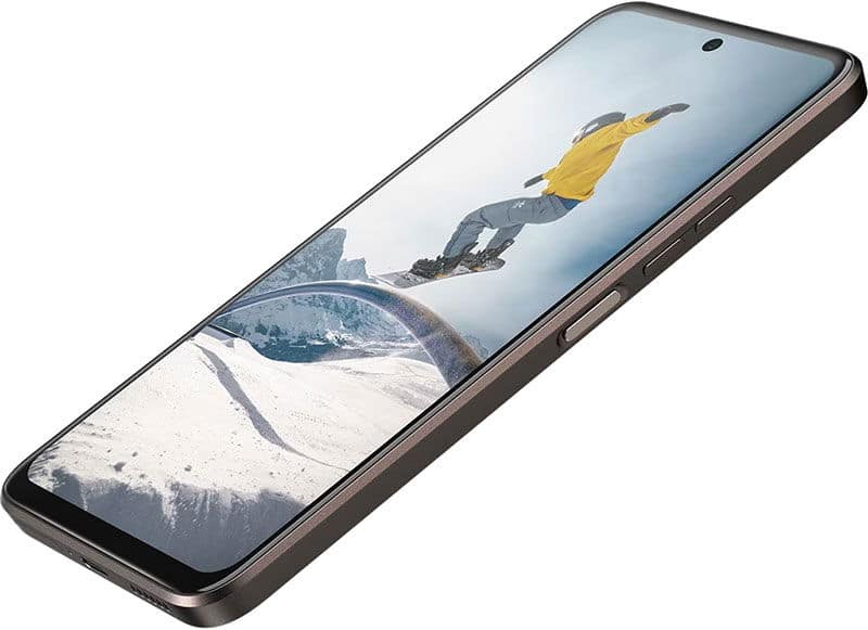 HTC U23 Pro front view displaying screen with snowboarder in yellow and gray jacket on snowy mountain slope
