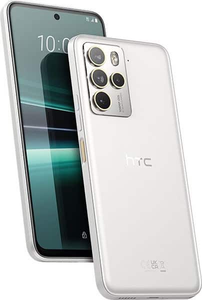 HTC U23 Pro, white, shown front and rear views with display and quad camera module visible