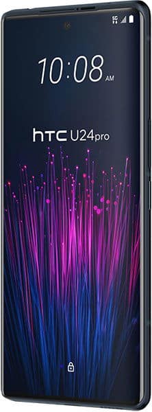 HTC U24 Pro front view with lock screen displaying time 10:08 AM and purple digital light pattern wallpaper