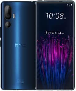 HTC U24 Pro smartphone shown from front and rear angles, displaying time 10:08 on screen, in deep blue finish