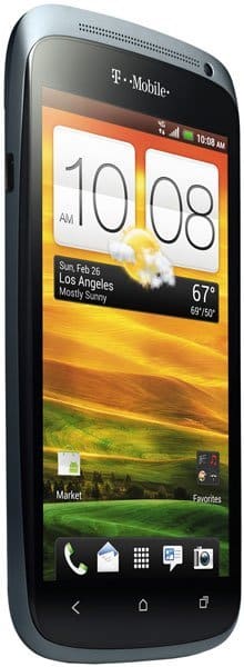 HTC One S front view showing display with time 10:09, weather widget, and home screen icons on black bezel