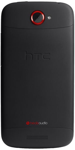 HTC One S rear view, black with red camera ring and Beats Audio branding