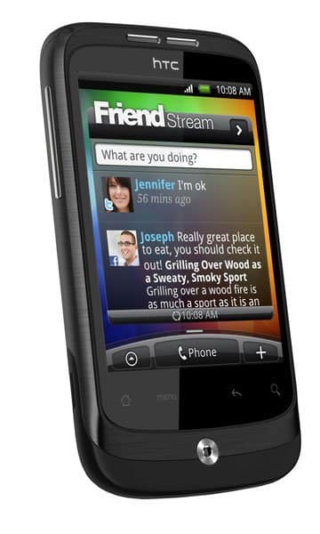 HTC Wildfire front view displaying Friend Stream social media app with messages and profile photos on screen