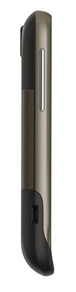 HTC Wildfire side view, showing dark and silver exterior with curved design and control buttons