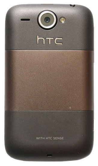 HTC Wildfire rear view, showing two-tone gray and brown back panel with camera lens and HTC branding