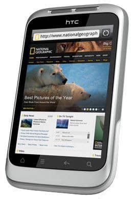 HTC Wildfire S front view displaying National Geographic website with animal photography content on screen