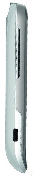 HTC Wildfire S smartphone, side view, showing silver casing with black accents and curved edges