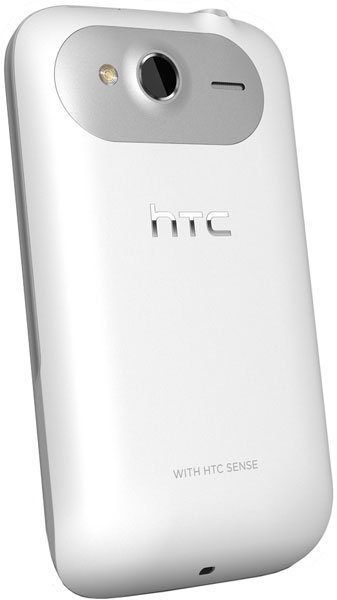HTC Wildfire S rear view, white smartphone with camera lens and flash visible