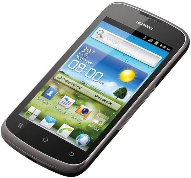Huawei Ascend G300 front view showing home screen with weather widget displaying 59°F in New York and time 08:00, with app icons below