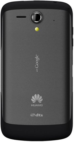 Huawei Ascend G300 rear view, dark gray phone with camera lens, notification light, and Huawei logo visible