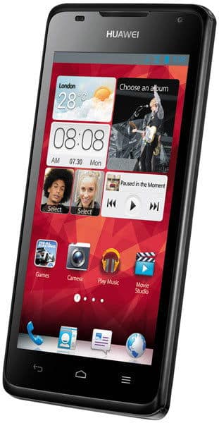 Huawei Ascend G510 front view, displaying red home screen with weather widget, music player, and app icons including Gallery, Camera, and Music Studio