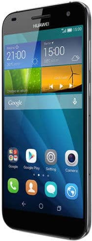 Huawei Ascend G7 smartphone front view, displaying home screen with weather widget and app icons including Google Play and Camera