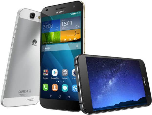Huawei Ascend G7 smartphone shown from front and rear angles, displaying home screen with widgets and starry night wallpaper