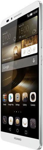 Huawei Ascend Mate 7 (white) shown angled, front display on with app icons; slim black front and silver edges visible.