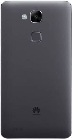 Rear view of black Huawei Ascend Mate 7 showing square camera with flash, fingerprint sensor, and Huawei logo near the bottom.