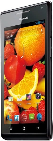 Huawei Ascend P1 front view displaying colorful fruit wallpaper with Android home screen icons