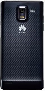 Huawei Ascend P1 rear view, showing dark textured back panel with camera and Huawei logo