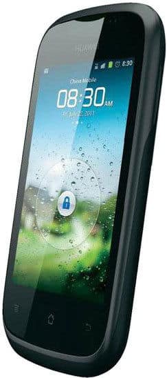 Huawei Ascend Y 201 smartphone displayed from front, showing lock screen with time 08:30 and water droplet wallpaper