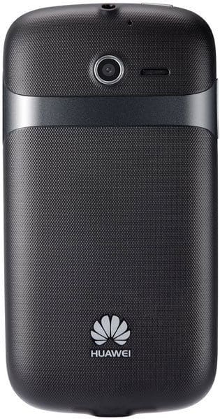 Huawei Ascend Y 201 rear view, dark gray phone with textured back and silver accent band