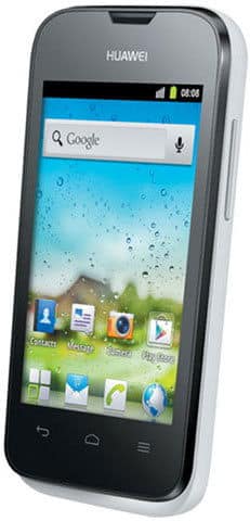 Huawei Ascend Y210 smartphone shown from front, displaying home screen with Google search bar and app icons, silver-gray casing with black screen bezel