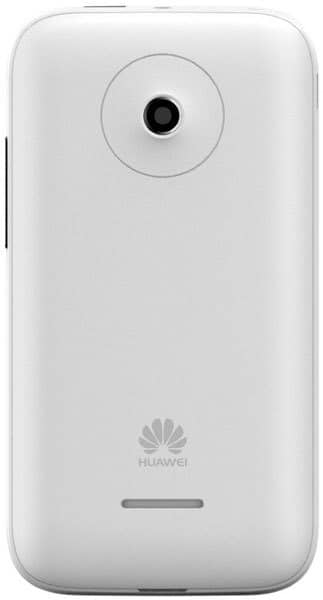 Huawei Ascend Y210 rear view, white phone with camera lens and Huawei logo