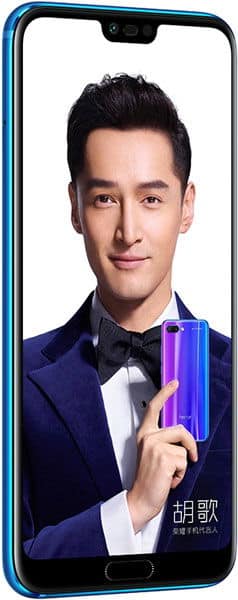 Huawei Honor 10 front view, displaying blue smartphone with notch screen showing a man in formal attire holding the device