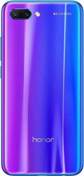 Huawei Honor 10 rear view, showing dual AI camera, gradient purple-to-blue back panel, and honor branding