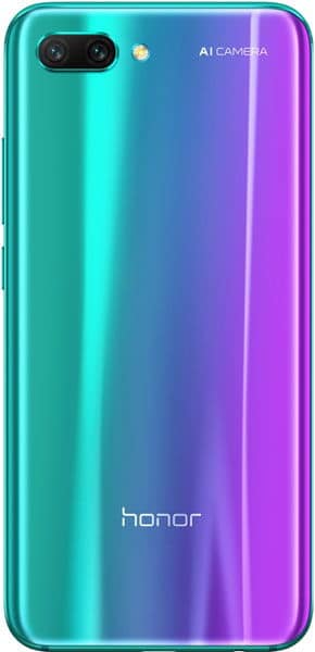 Huawei Honor 10 rear view, gradient turquoise to purple glass back with dual camera lens and "AI CAMERA" text