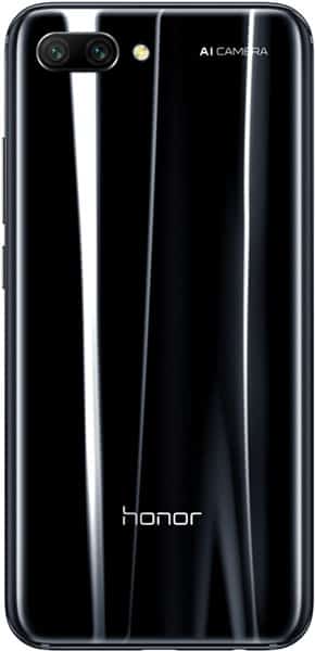 Huawei Honor 10 rear view, black glossy back with dual camera and "AI CAMERA" label visible