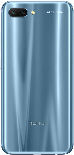 Huawei Honor 10 rear view, showing dual AI camera, blue gradient back panel, and honor branding