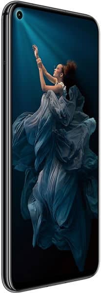 Huawei Honor 20 front view with display showing woman in flowing blue fabric with arm raised against blue background