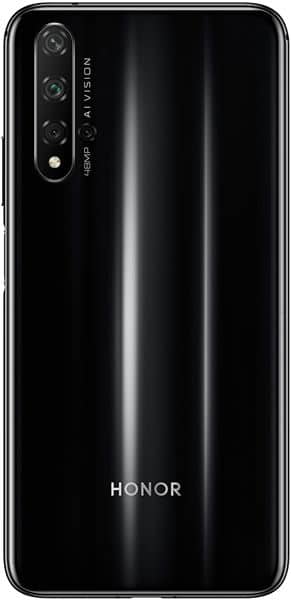 Huawei Honor 20 rear view, showing triple camera array and glossy black back panel with vertical gradient design