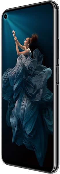 Huawei Honor 20 front view, displaying a woman in flowing blue fabric on the screen against a dark blue background
