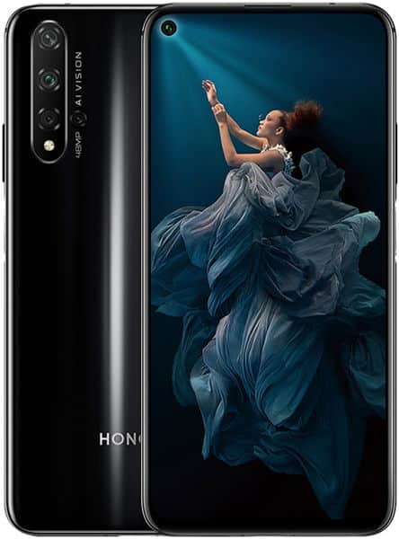 Huawei Honor 20 rear and front view, black phone showing triple camera lens and display with woman in flowing blue fabric