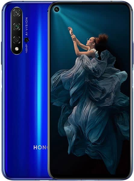 Huawei Honor 20 rear and front view, deep blue back with triple camera setup and front display showing woman in flowing blue fabric against dark background