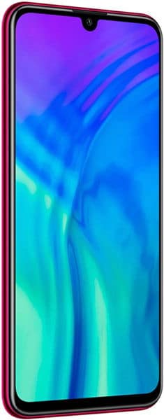 Huawei Honor 20 Lite front view with gradient wallpaper on screen, red frame, and waterdrop notch