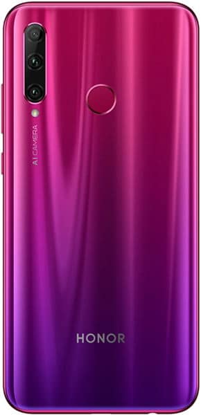 Huawei Honor 20 Lite rear view, magenta gradient finish with triple camera lens and fingerprint sensor