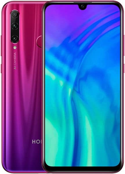 Huawei Honor 20 Lite front and rear view, showing purple gradient back with triple camera array and blue gradient display screen