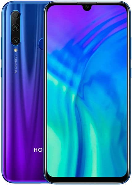 Huawei Honor 20 Lite front and rear view, showing blue gradient back with triple camera and display with cyan abstract wallpaper