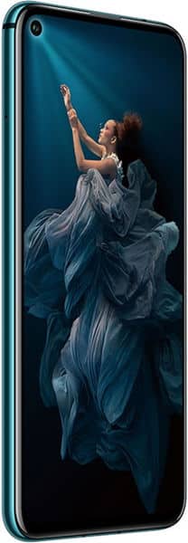 Huawei Honor 20 Pro front view displaying screen with woman in flowing blue fabric against dark background