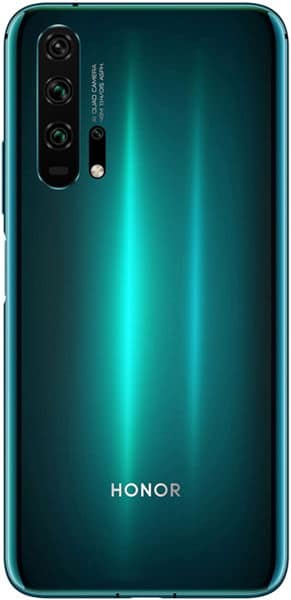 Huawei Honor 20 Pro rear view, teal gradient finish with quad camera array and Honor branding
