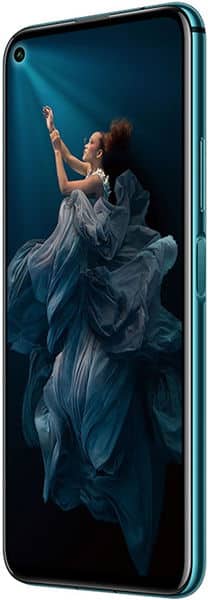 Huawei Honor 20 Pro front view, displaying its screen with a woman in flowing blue fabric against a dark background