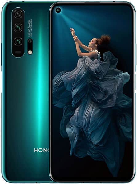 Huawei Honor 20 Pro rear and front view, teal gradient back with triple camera setup, display showing woman in flowing blue fabric against dark background