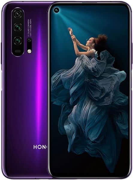 Huawei Honor 20 Pro front and rear view, purple gradient back with triple camera setup, screen displaying woman in flowing blue fabric